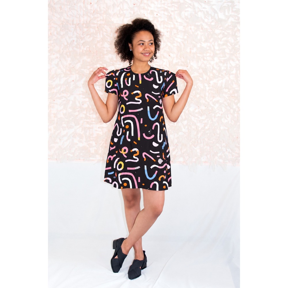 Nooworks Molly Dress Mini Sz S Black Candy Print Shift Dress Short Sleeves Rayon